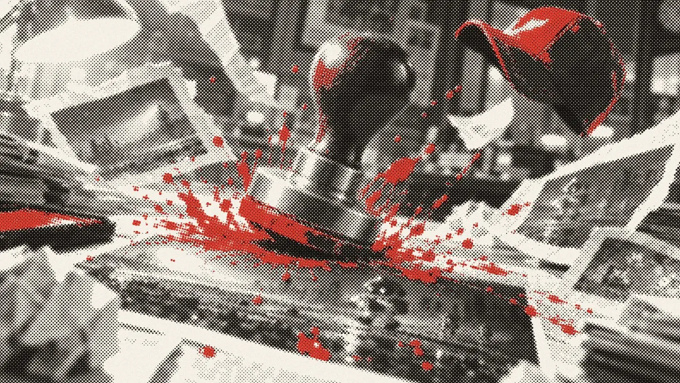 A rubber stamp slams down on a printed PnL card; red ink bursts across the desk and a red cap flies off.